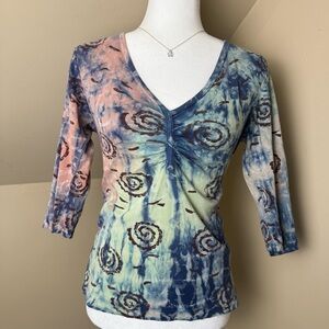 Glima Multicolor Tie-Dye V-Neck Women's Top Hippie Vintage USA Size Medium